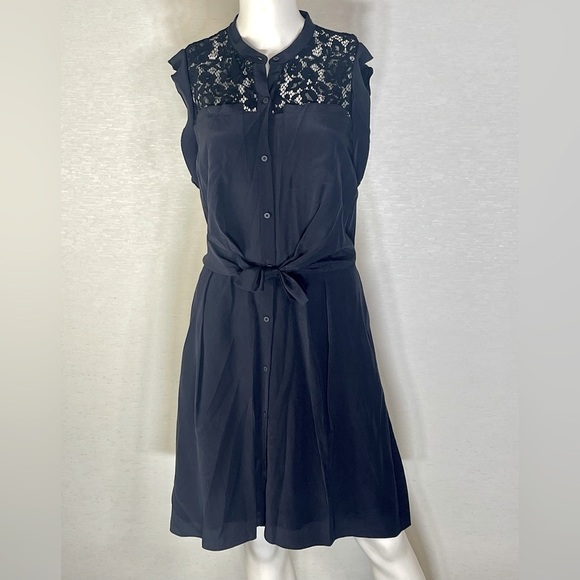 Rebecca Taylor Rich Navy Blue Lace Detail Silk Dress - Picture 1 of 4
